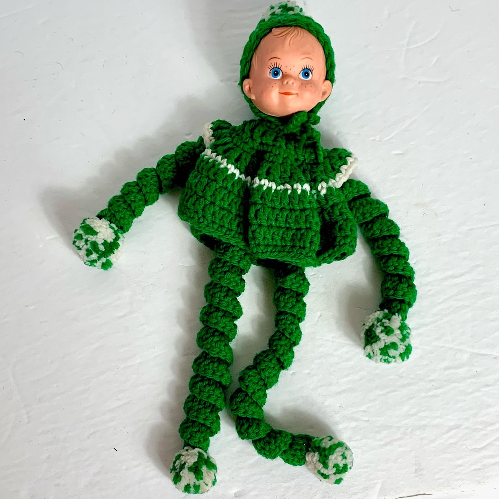 Vintage Crocheted Christmas Elf Pixie w Rubber Face Twisty Arms & Legs Handmade